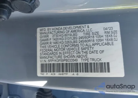 2023 Honda Ridgeline Rtl z USA, uszkodzony, nr VIN 5FPYK3F59PB033549